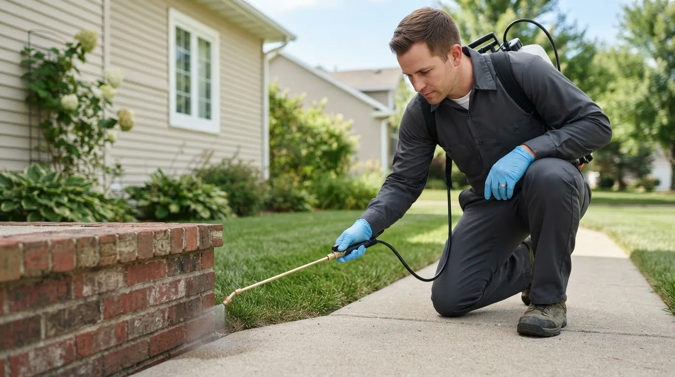 Pest control technician treating a home near Macomb, MO
