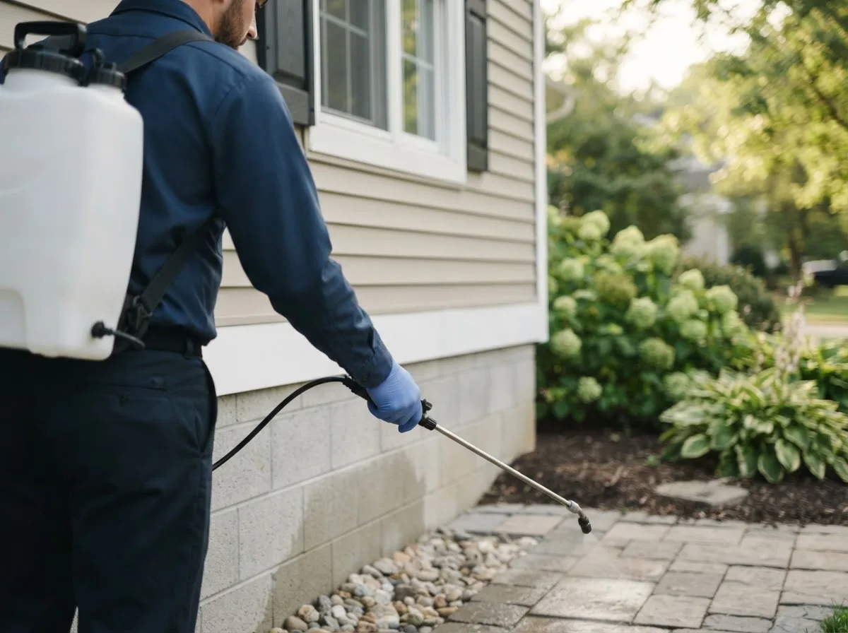 Pest control technician inspecting a home in Macomb, MO